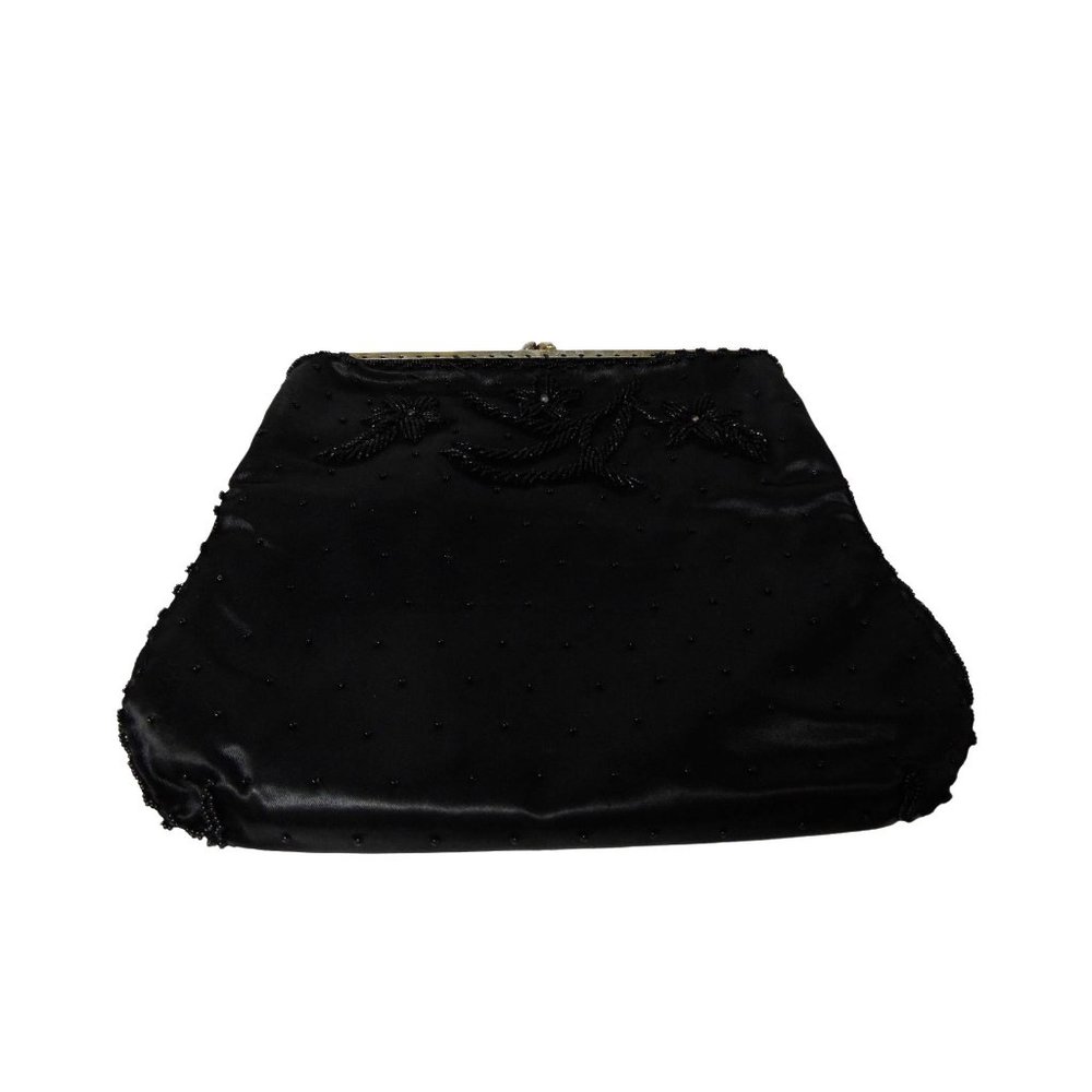 Vintage 50's 60's Hong Kong Black Beaded Floral Bag by Debbie Clutch Snap 9x7
